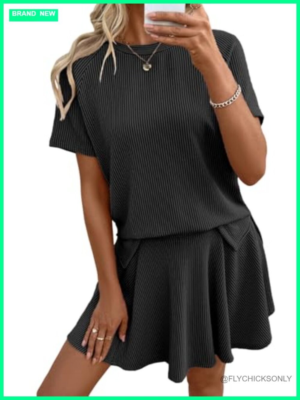 Two Piece Skirt Set Ribbed Knit Summer Outfit Lounge Set Short Sleeve Tops